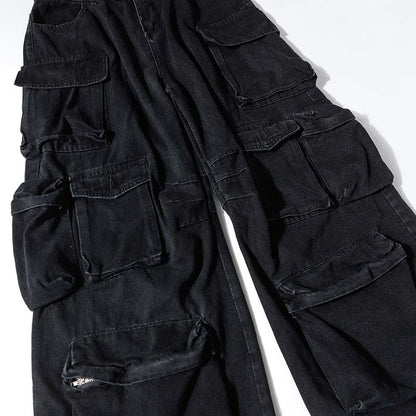 High Street Multi-pocket Heavy Industry Washed Old Cargo Jeans