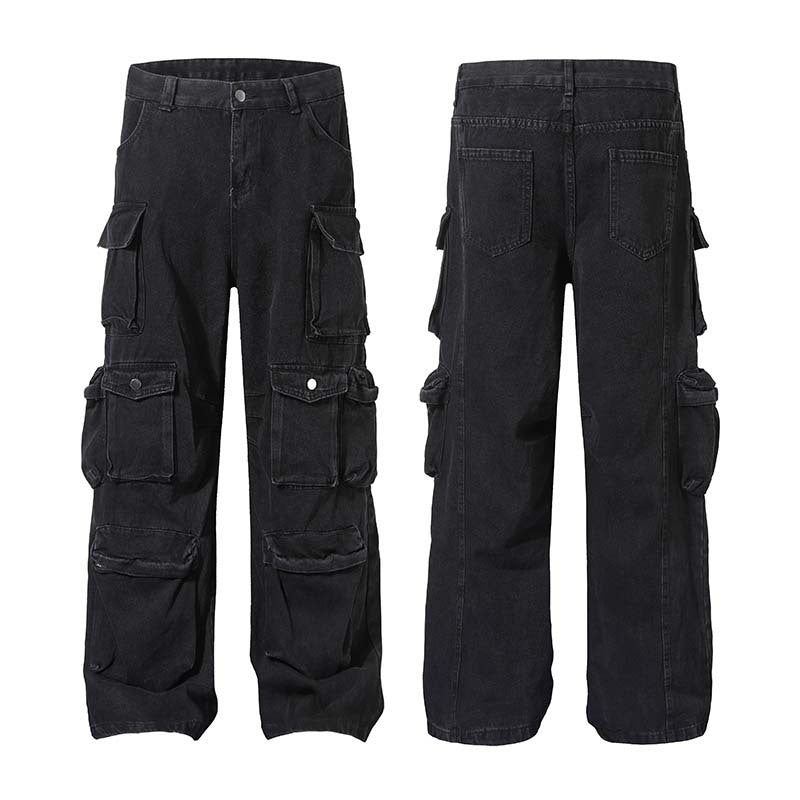 High Street Multi-pocket Heavy Industry Washed Old Cargo Jeans